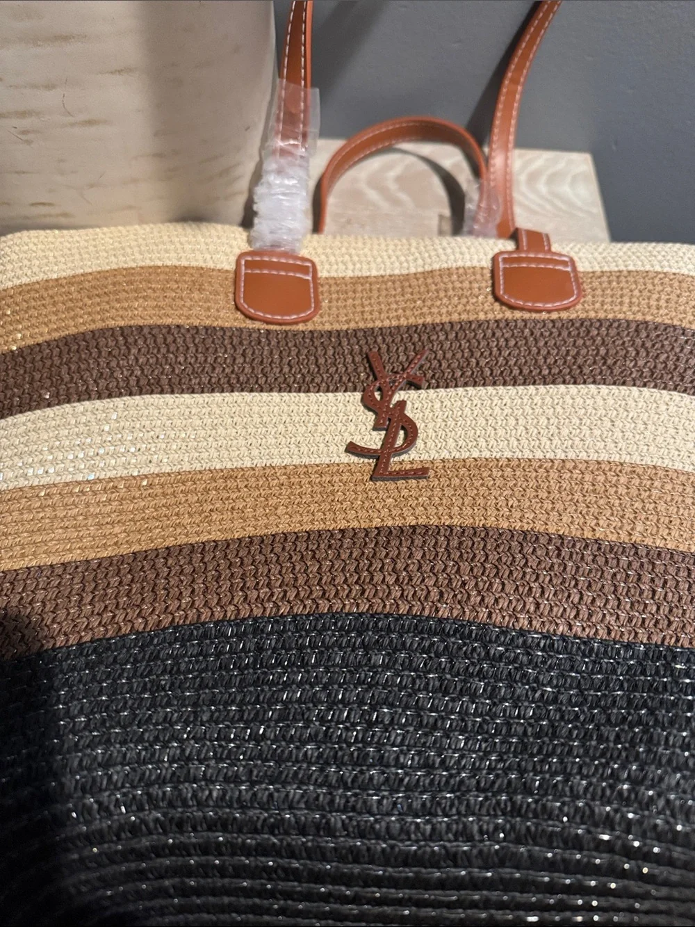 Striped Straw Tote and Matching Hat Set in Brown and Cream